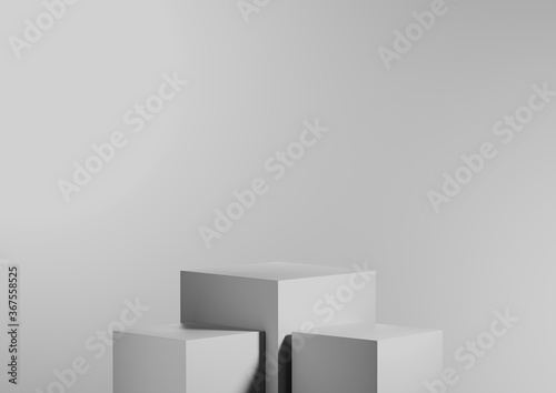 White or gold product display or showcase pedestal on simple background with three cubes stand concept. White studio podium or platform product template. 3D rendering
