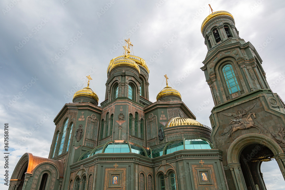 Exterior of the Main Temple of the Armed Forces of the Russian Federation. Opened in 2020. Constructed from glass and melted armor of fascist tanks and equipment of 1945. Kubinka, Russia