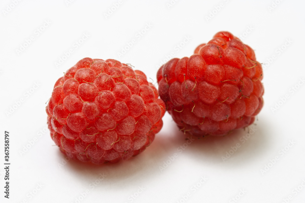 Two ripe raspberries isolated on a white background close-up. Fresh raspberries without sheets on the table. Macro shooting. Healthy, wholesome food Two ripe raspberries isolated on a white background close-up. Fresh raspberries without sheets on the table. Macro shooting. Healthy, wholesome food