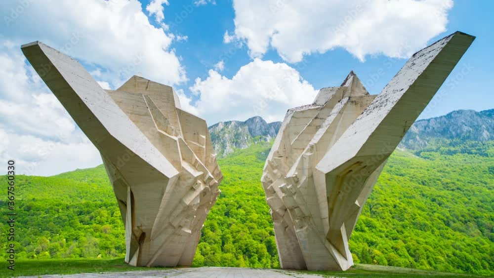 Spring timelapse with Tjentiste War Memorial in Sutjeska National Park, Bosnia and Herzegovina