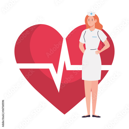 nurse with heart pulse on background vector illustration design
