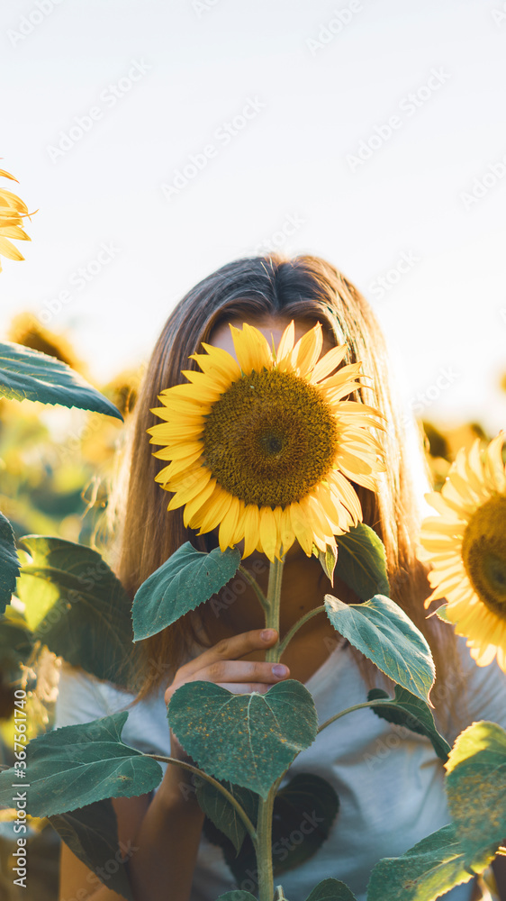 Young beautiful woman smiling and having fun in a sunflower field on a beautiful summer day. - obrazy, fototapety, plakaty 
