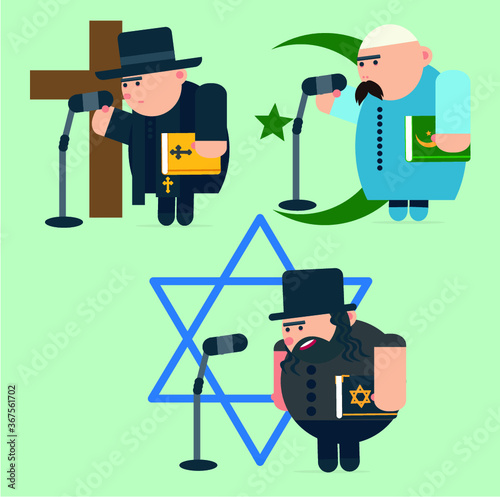 Pack of religion men. Different characters collection: monk, christian priests, patriarchs, rabbi judaist, muslim mullah, sikh, leader. Colorful vector illustration.
