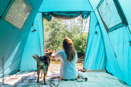 Female tourist traveler in camp in a forest with her dogs together on a nature trip, friendship concept, outdoor activities, traveling with a pet.