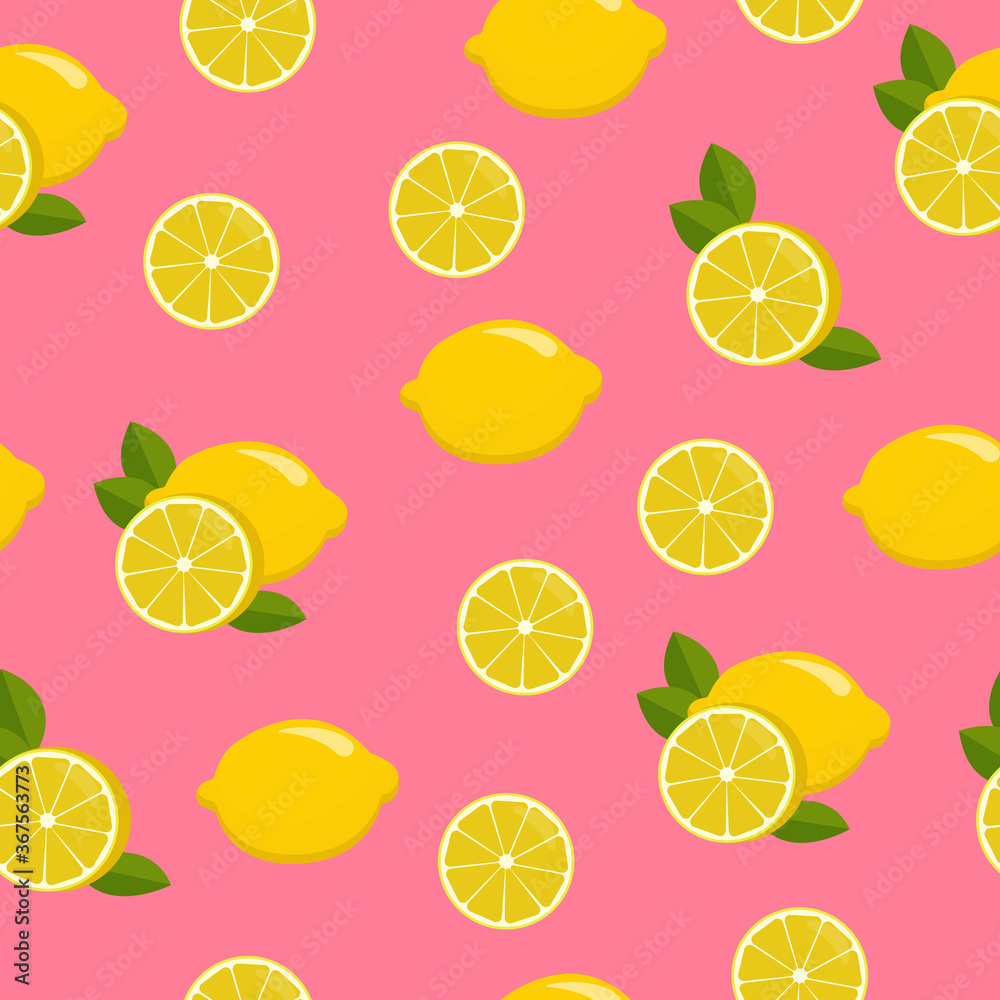 Seamless pattern with lemons on a pink background. Fruits. Healthly food. For the design of textiles, printing products, wallpaper, clothing, wrapping paper and more