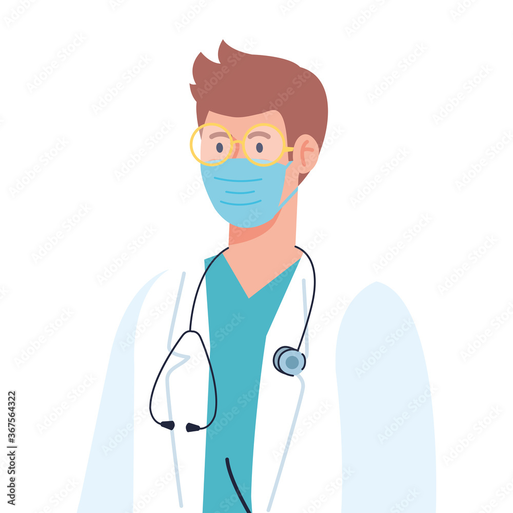 professional doctor wearing medical mask on white background vector illustration design