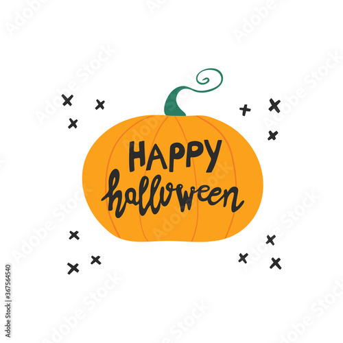 Happy Halloween. Handwritten lettering on orange pumpkin with doodle black cross elements. Isolated on white background. Vector stock illustration.