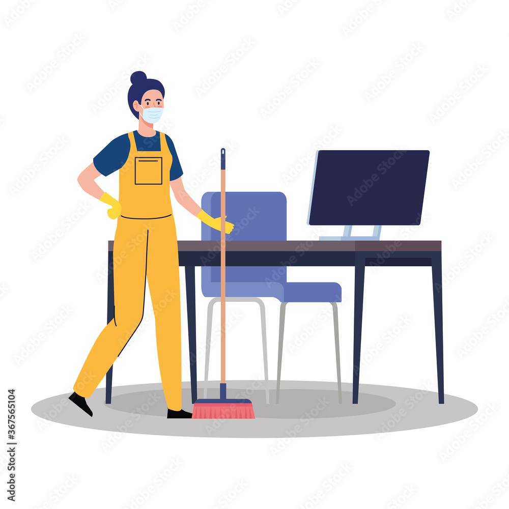 woman worker of cleaning service wearing medical mask, with broom in the office vector illustration design
