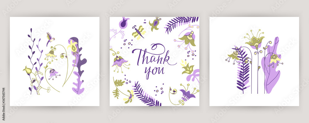 New post stories, vector set cards of lettering with flowers, bird and butterfly in Scandinavian style.