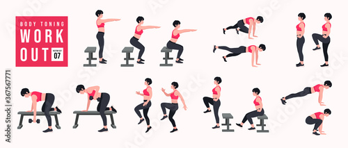 Body Toning Workout Set. Women doing fitness and yoga exercises. Lunges  Pushups  Squats  Dumbbell rows  Burpees  Side planks  Situps  Glute bridge  Leg Raise  Russian Twist  Side Crunch .etc