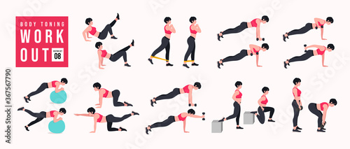 Body Toning Workout Set. Women doing fitness and yoga exercises. Lunges, Pushups, Squats, Dumbbell rows, Burpees, Side planks, Situps, Glute bridge, Leg Raise, Russian Twist, Side Crunch .etc