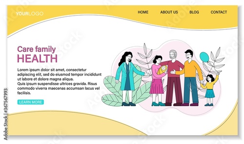 Family Health Care concept with doctor and three generations of a young family with grandfather, parents and grandkids, colored vector illustration with copy space