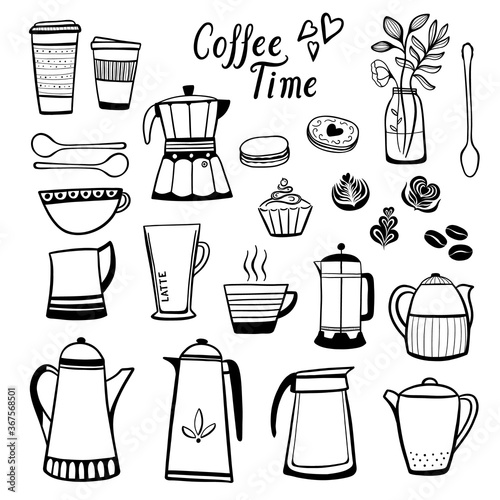 Coffee illustrations clip art vector set. Outline black and white designs.