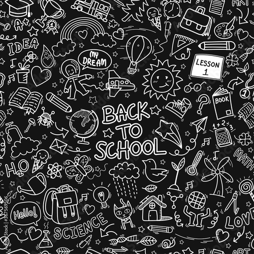 back to school doodle icons seamless pattern background. hand drawn education sign and stationery supply item and equipment symbols isolated on black background