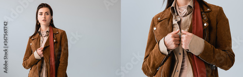 Φωτογραφία collage of trendy, attractive girl touching suede jacket while posing isolated o