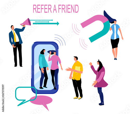 Refer a friend loyalty program, promotion method. Group of people going out of smartphone. Manager attracts customers with megaphone and huge magnet. Social media marketing strategy.Web design vector