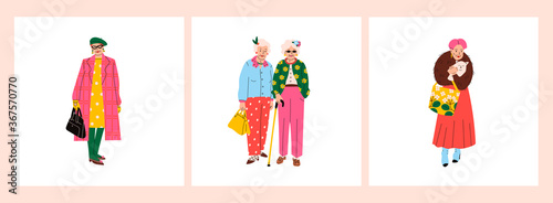 Senior confident Ladies. Different bright clothing and accessories. Old and mature women standing in trendy clothes. Modern fashion look. Set of three Hand drawn Vector illustrations. Cartoon styleSen