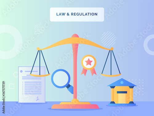 alance scale in front court lupe agreement letter ribbon law regulation concept with flat style.