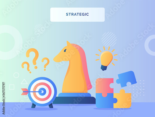 Chess horse character nearby puzzle arrow on target bulb lamp strategic concept with flat style.