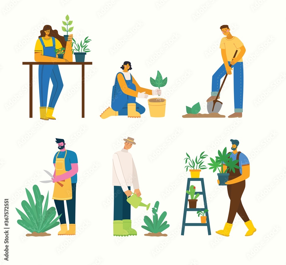 Young man and woman gardener holding a flower pot. Vector illustration in a flat style
