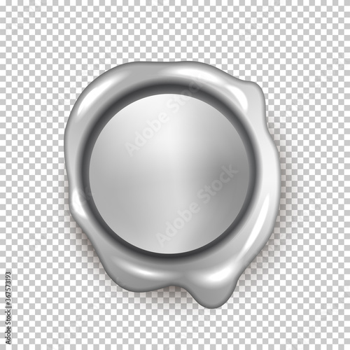 Glowing shiny silver wax seal with blank space for design isolated on transparent background. Vector approval security sign retro label. Quality guarantee badge. Company confirmation sign.