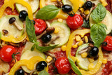 Delicious vegetable pizza as background, top view