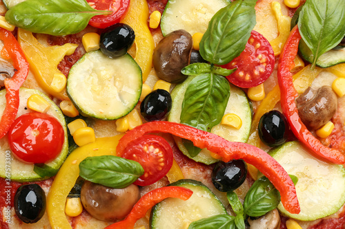 Delicious vegetable pizza as background, top view