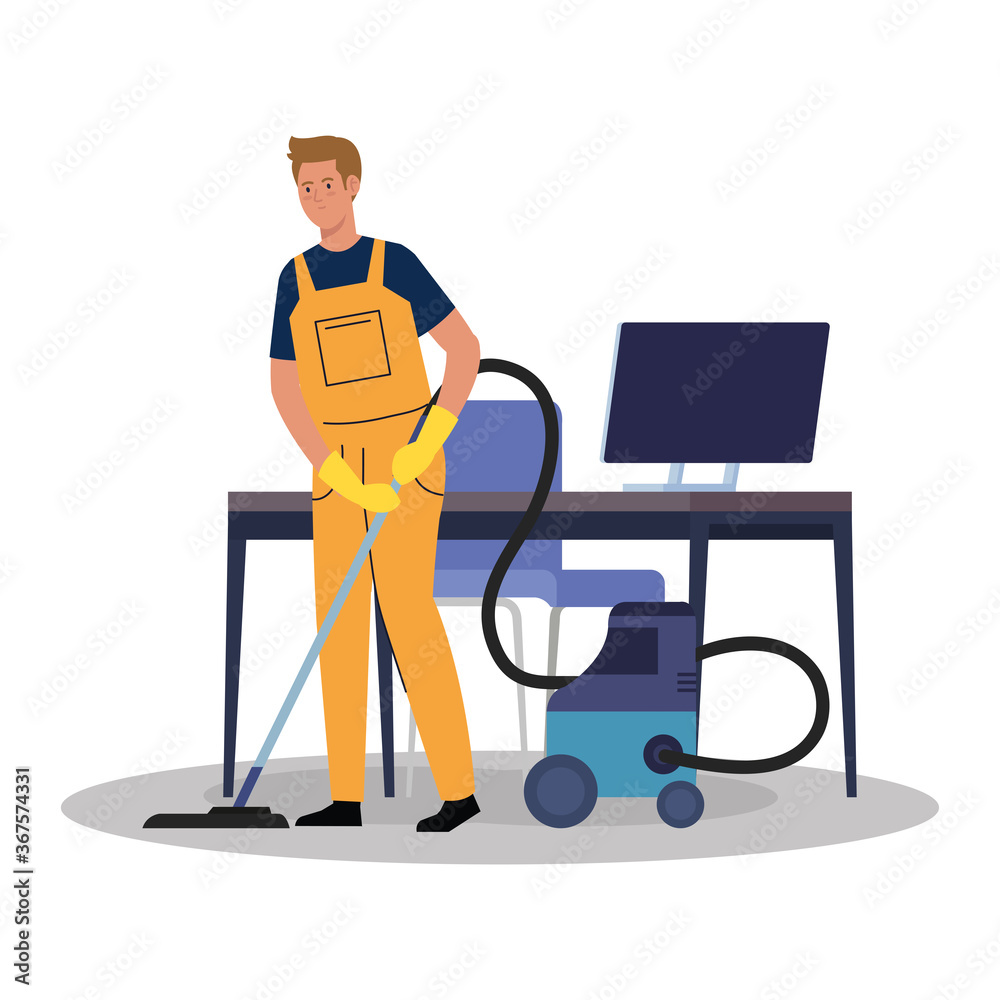 man worker of cleaning service with vacuum cleaner in the office, on white background vector illustration design man worker of cleaning service with vacuum cleaner in the office, on white background vector illustration design
