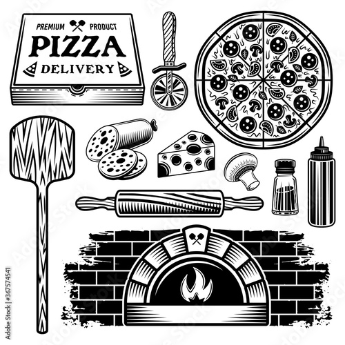 Pizza set of vector black objects and elements