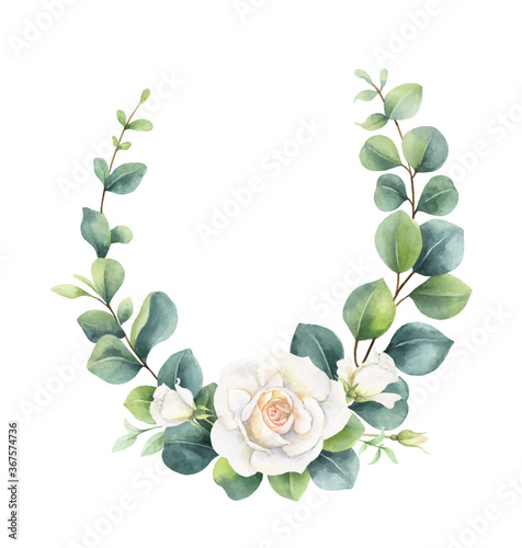 Watercolor vector hand painted wreath with green eucalyptus leaves and white roses.