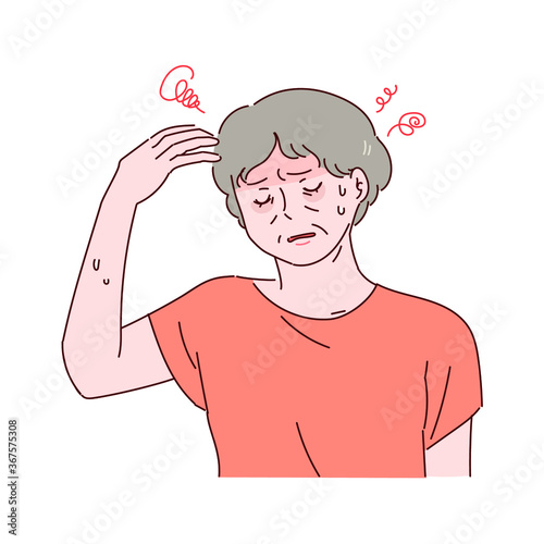 손으로 그린 ​​스타일. 현기증을 느끼는 중년 여성.