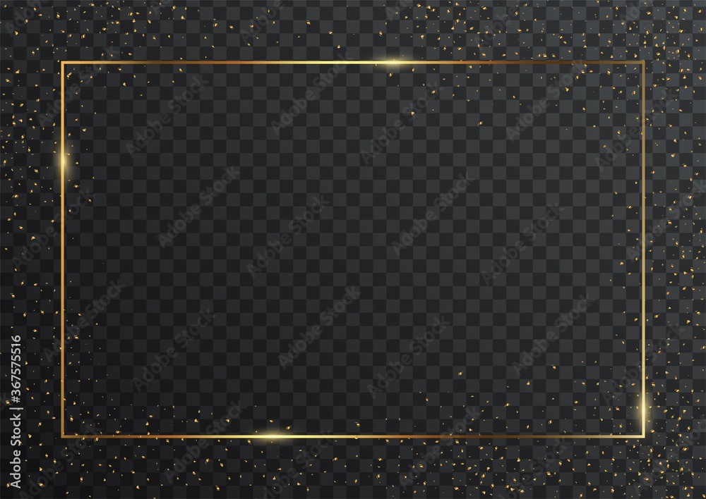 Thin rectangular golden geometric border and confetti on dark transparent background. Glossy banner with copyspace. Vector elegant colorful wallpaper design - obrazy, fototapety, plakaty 
