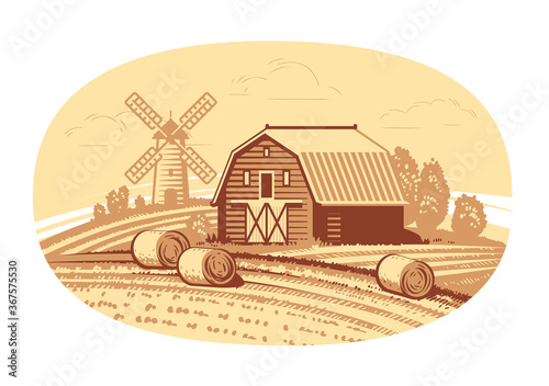 Hand drawn sketch farm landscape. Agriculture, farming, food concept