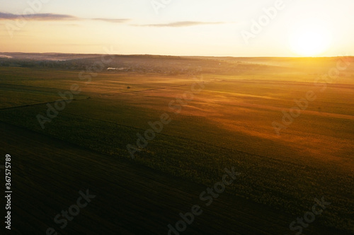 Aerial photo landscape during sunrise on field in village, farming eco concept. © Vulp