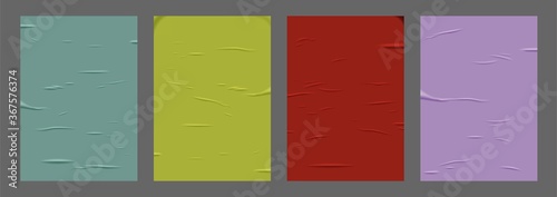 Glued paper sheet set isolated on gray background. Vector realistic crumpled color posters bundle. Wet greased wrinkles blank template texture. Empty advertising column mockup for creative design.