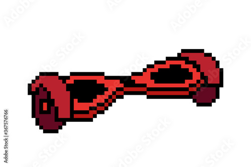 Red self-balancing scooter, pixel art icon. 8 bit hoverboard symbol. Gyroscooter logo. Eco city personal transporter.