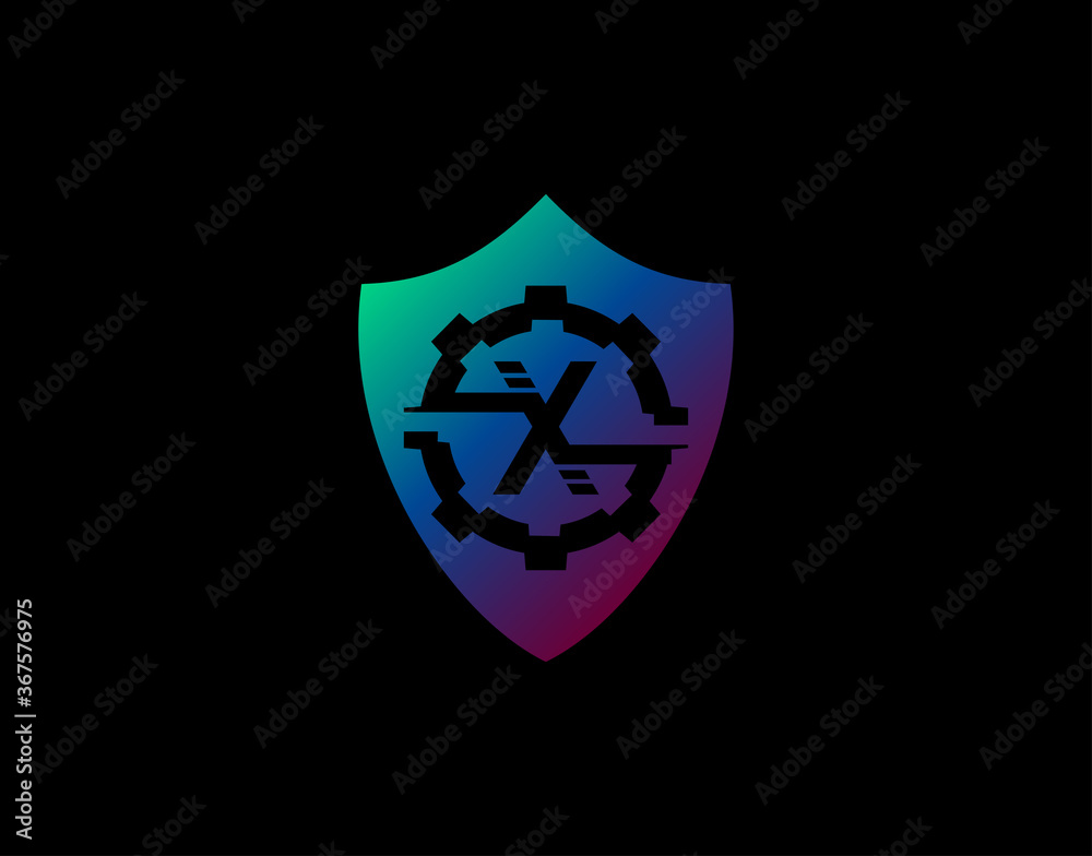 Abstract X Letter Logo With Gear Shape and Modern Shield Design. Technology Icon Design Template. Abstract X Letter Logo With Gear Shape and Modern Shield Design. Technology Icon Design Template.