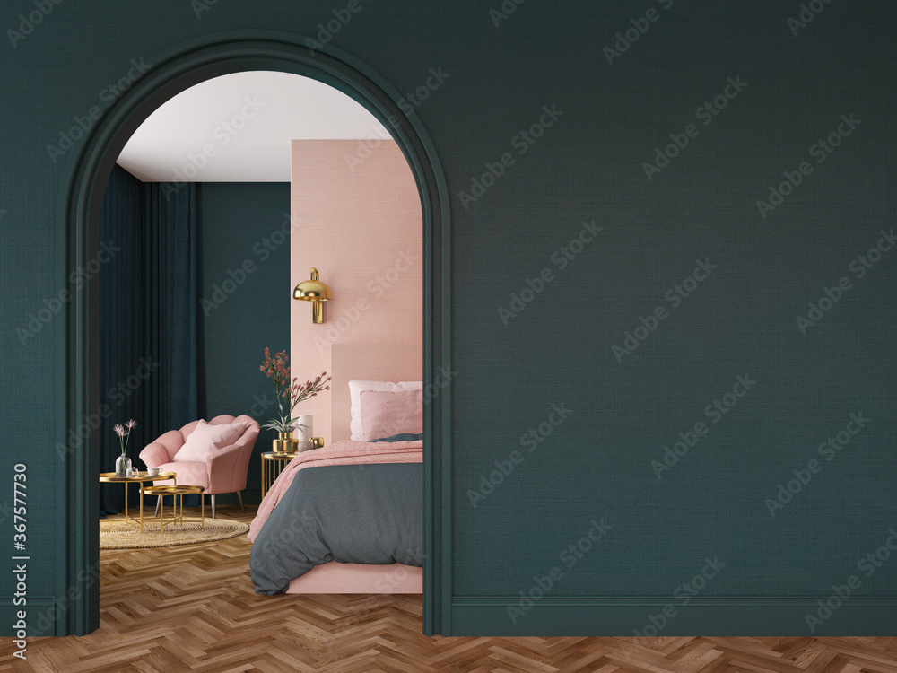 Bedroom interior.Art deco style.Green pink and gold color.Design with ...
