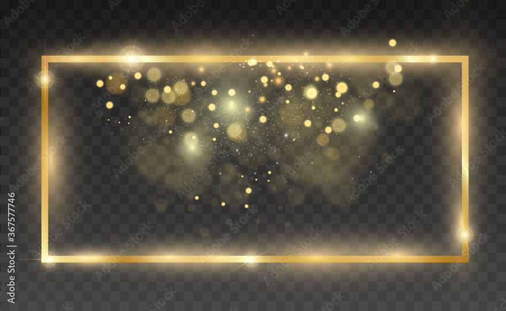 Obraz premium Gold glitter with shiny gold frame on a transparent black background. Vector luxury golden background.