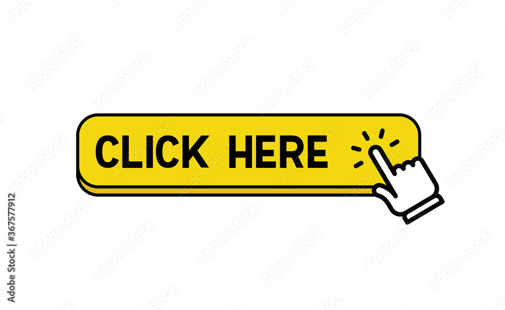 Click here web button. Isolated website buy or register bar icon with hand finger clicking cursor, design template. Click here web button. Isolated website buy or register bar icon with hand finger clicking cursor, design template.