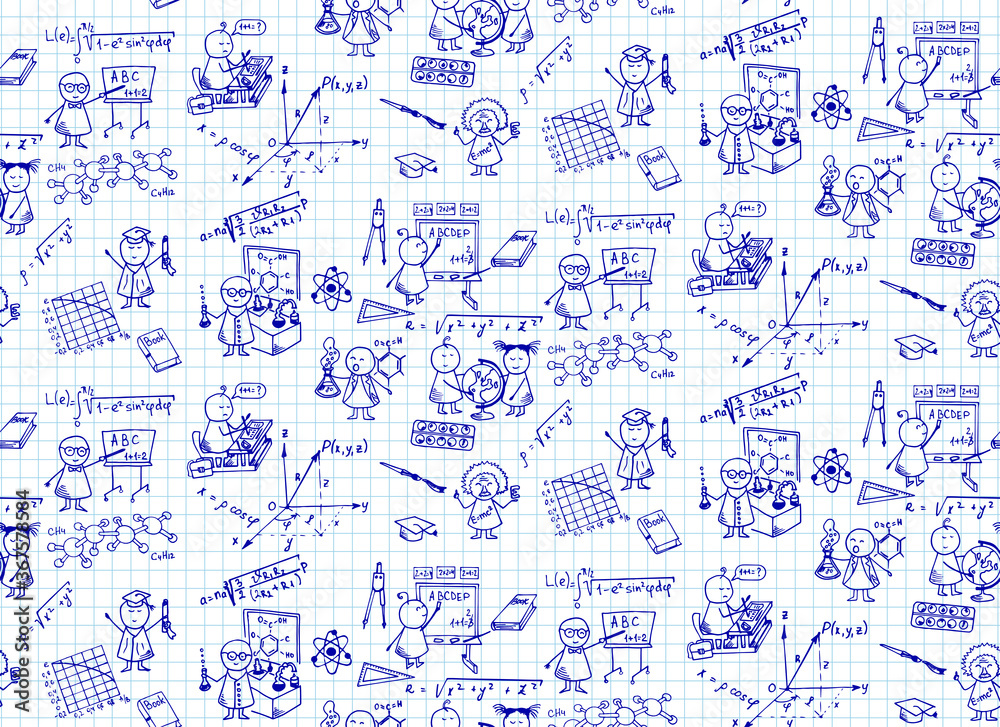 Funny doodle education background.  Vector hand-drawn seamless pattern on notebook page. 