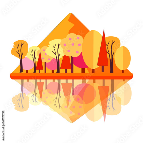 Autumn landscape with trees and leaves in orange shades  vector graphics