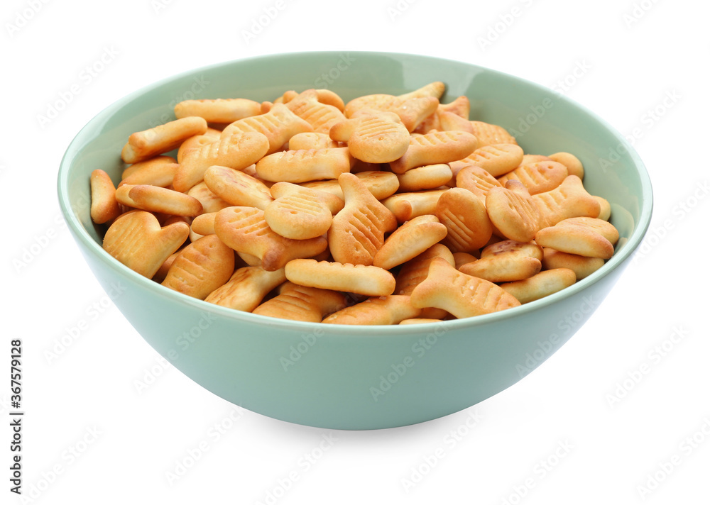 Delicious goldfish crackers in bowl isolated on white Delicious goldfish crackers in bowl isolated on white