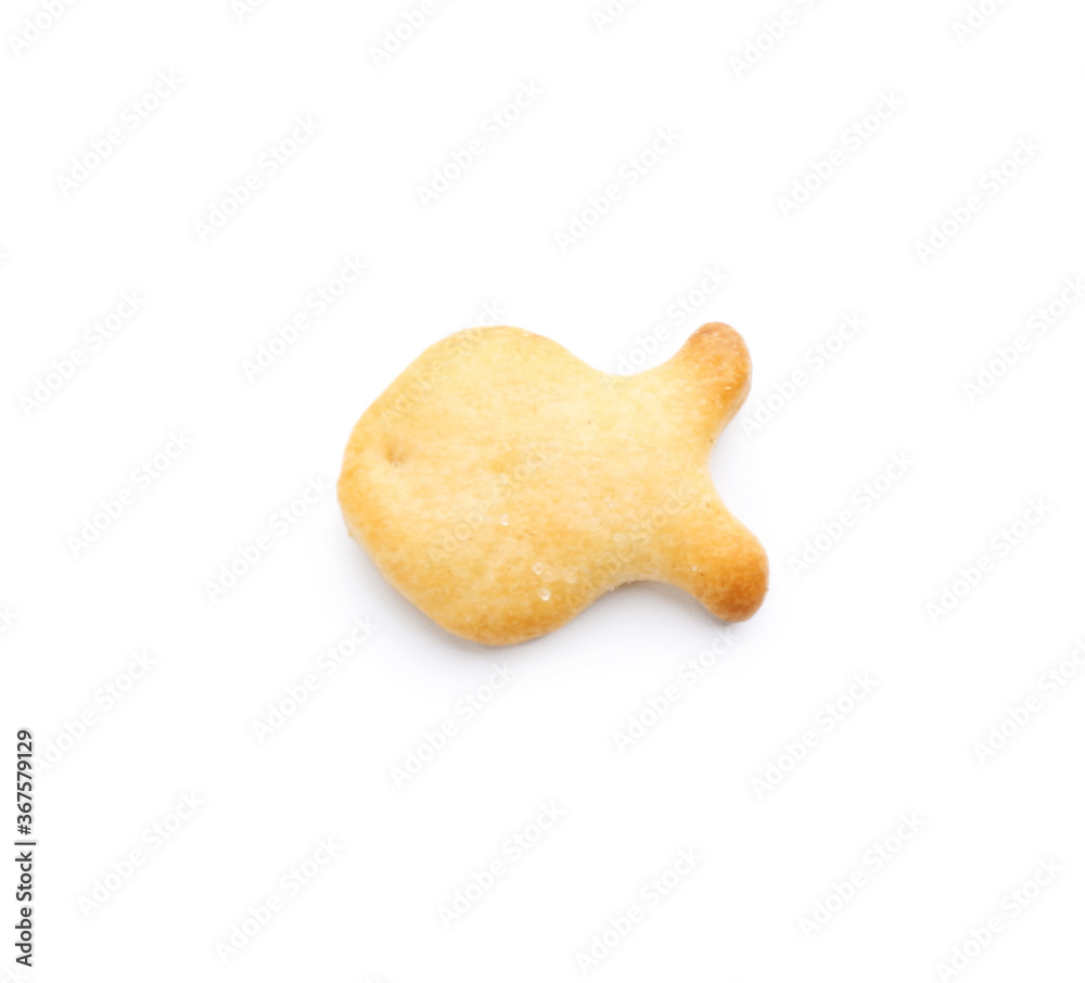 Delicious crispy goldfish cracker isolated on white, top view Delicious crispy goldfish cracker isolated on white, top view