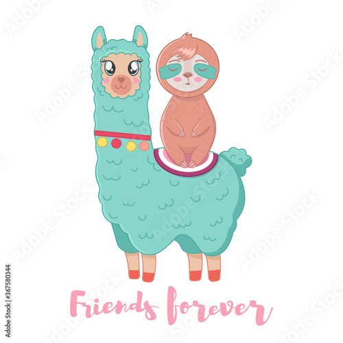 Vector Illustration of cute fluffy cartoon llama or alpaca and sloth. Best friends. Childish print for fabric, t-shirt, poster, cards, invitations, cases, pattern, patch and sticker
