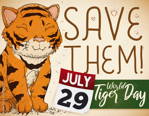 Cute Tiger Draw, Calendar and Clamor for its Commemorative Day, Vector Illustration