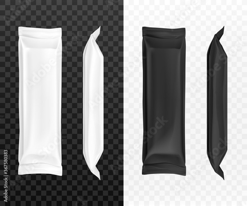 Black and white candy wrappers isolated on background. Template of blank flow packaging for food, sweets, snack or sachet. Production design elements. Realistic 3d vector illustration, clip art.