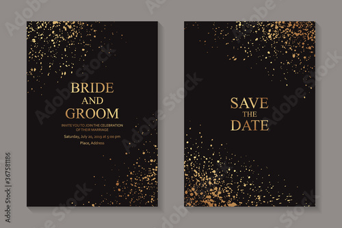 Modern luxury wedding invitation design or card templates for birthday greeting or certificate or cover with golden paint splashes on a black background.
