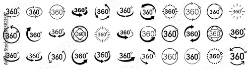 360 Degrees View Vector set. Signs with arrows to indicate the rotation or panoramas to 360 degrees. Vector icon symbol. Vector illustration. photo