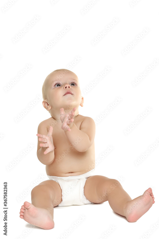 Beautiful little boy in diaper isolated on white background Beautiful little boy in diaper isolated on white background